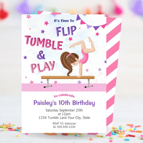 Girls Flip Tumble  Play Gymnastics Birthday Party Invitation