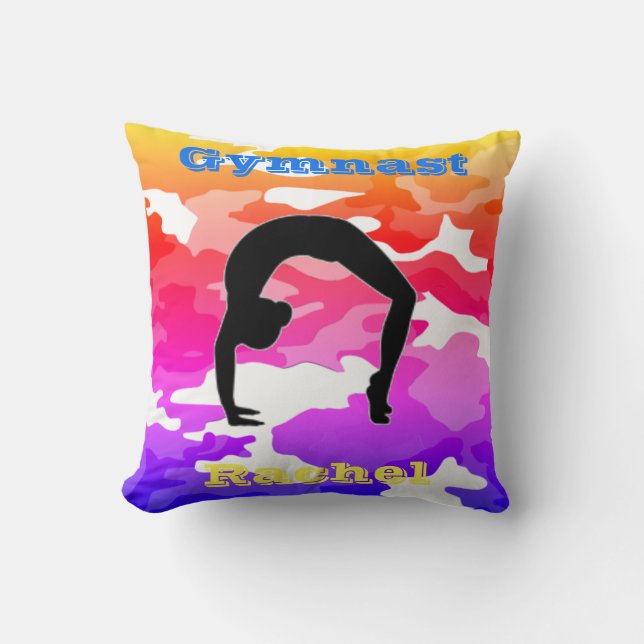 Girls Floor Beam Vault Bars Rainbow Camouflage Throw Pillow (Front)