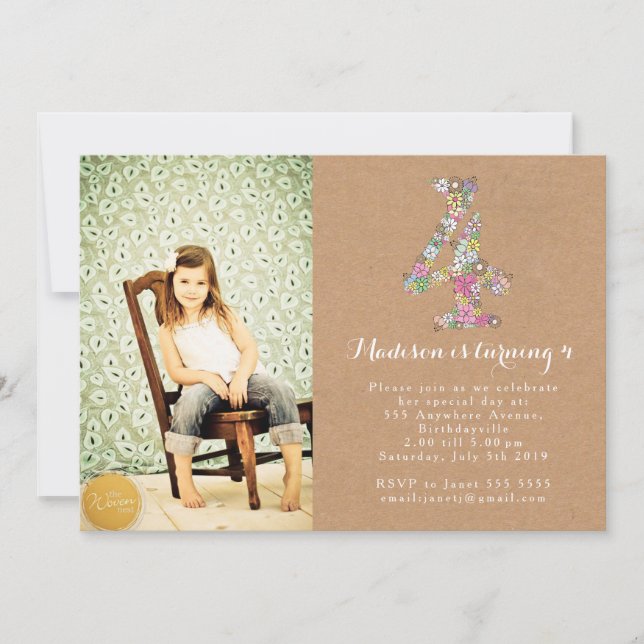Girls Floral 4th Birthday Party Invitation (Front)