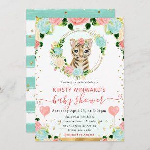 Girls Floral Baby Tiger Baby Shower Invitation