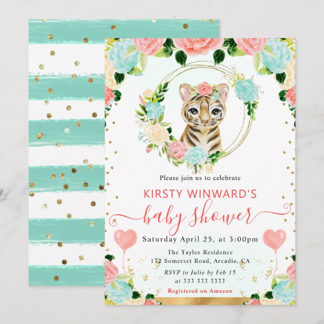Girls Floral Baby Tiger Baby Shower Invitation (Front/Back)