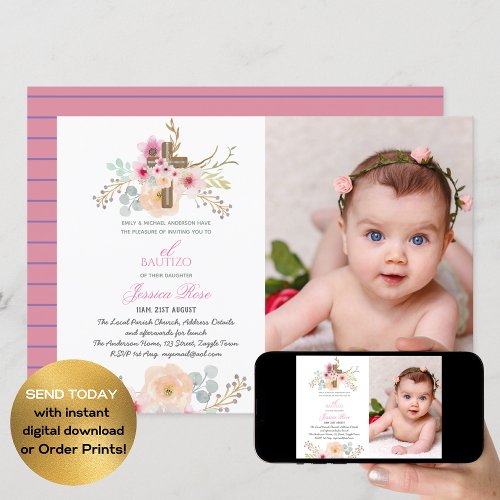 Girls Floral BAUTIZO Bautismo Pink Catholic Cross Invitation