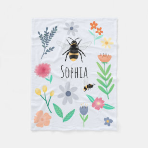 Girls Floral Bee and Woodland Flowers Kids Nursery Fleece Blanket