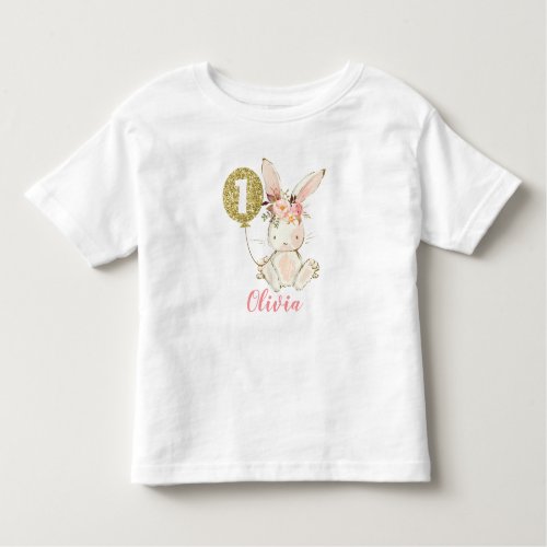 Girls Floral Bunny First Birthday T_Shirt