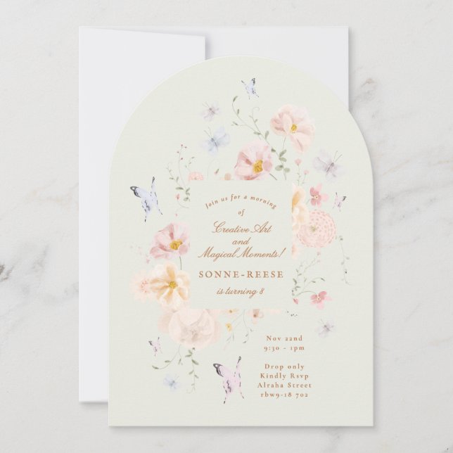 Girls Floral Butterfly Sage Arch Birthday Party Invitation (Front)