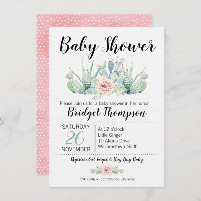 Girls Floral Cactus Baby Shower Invitation (Front/Back)
