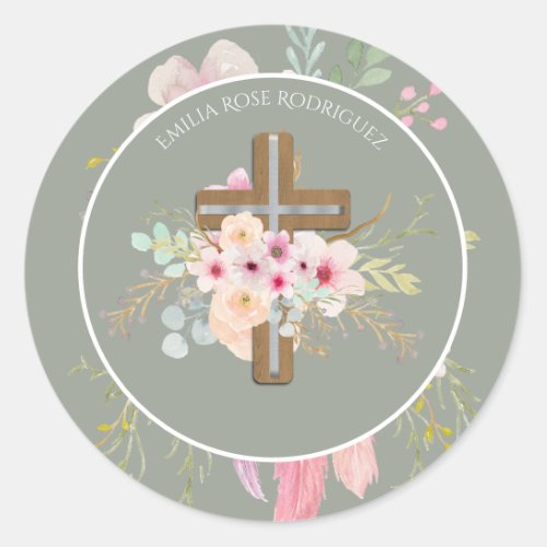 Girls Floral Cross Bautizo Baptism Pink Flowers Classic Round Sticker