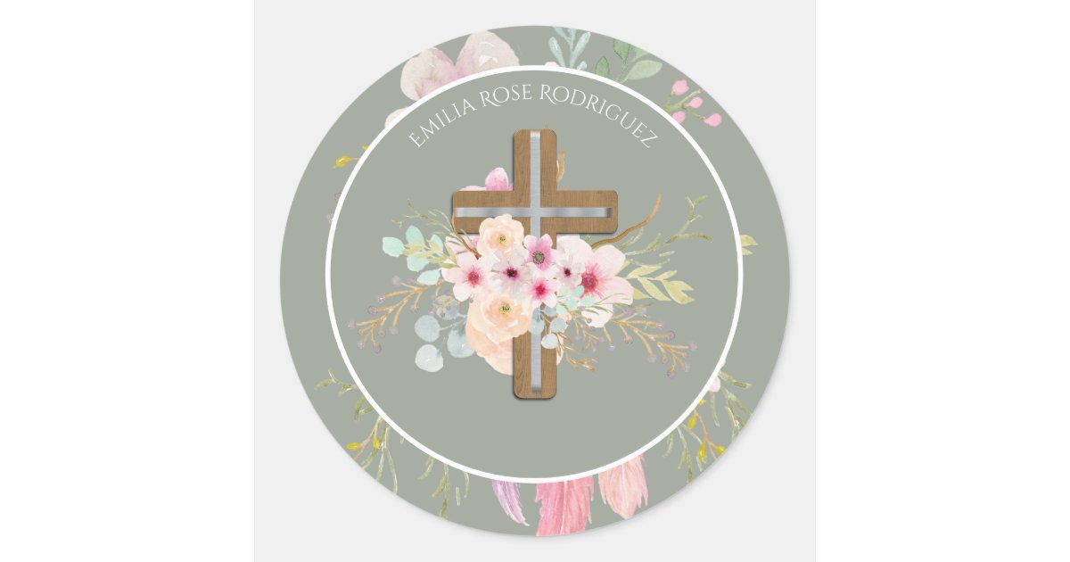 Girls Floral Cross Bautizo Baptism Pink Flowers Classic Round Sticker | Zazzle.com