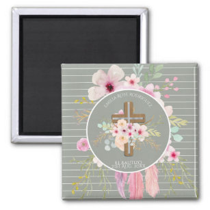 Girls Floral Cross Bautizo Baptism Pink Flowers Magnet