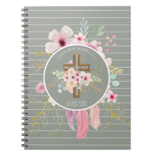 Girls Floral Cross Bautizo Baptism Pink Flowers Notebook