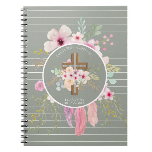 Girls Floral Cross Bautizo Baptism Pink Flowers Notebook