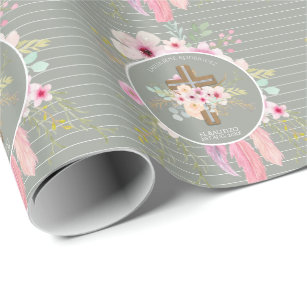 Girls Floral Cross Bautizo Baptism Pink Flowers Wrapping Paper