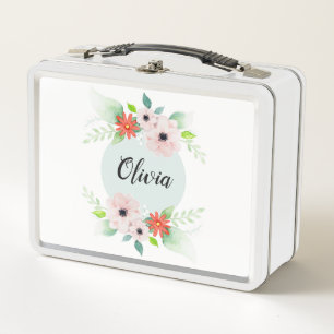 Girls Floral Cute Watercolor Flowers School Metal Lunch Box