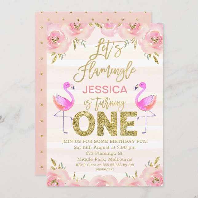 Girls floral flamingo first birthday invitation (Front/Back)