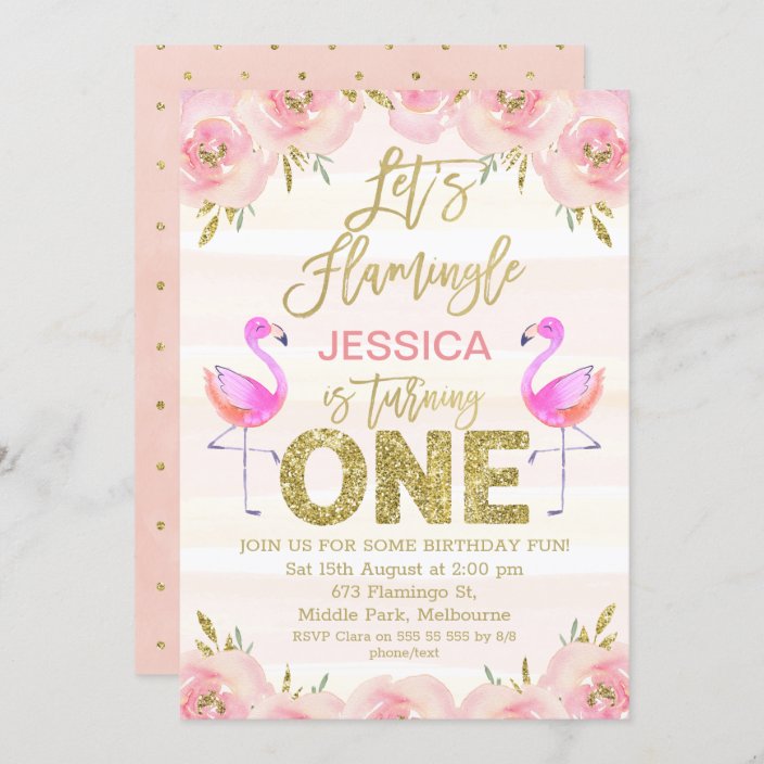 Set of 6 1st Birthday Girl Handmade Flamingo Shaped Invitations