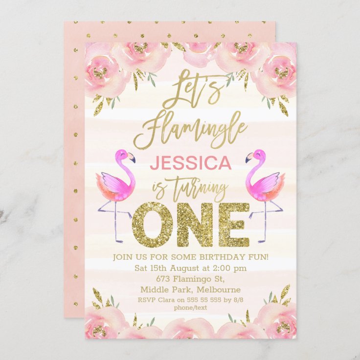 Girls floral flamingo first birthday invitation | Zazzle