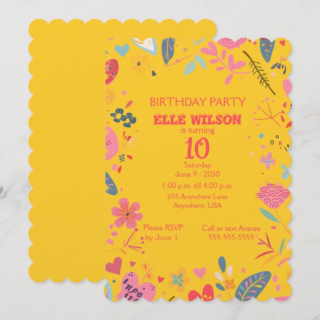 Girls Floral Frame 10th Birthday Party Invitation (Front/Back)