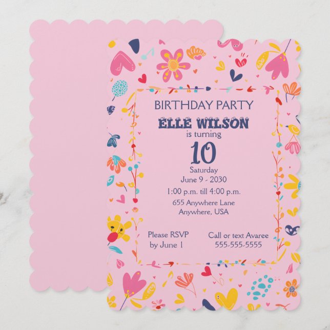 Girls Floral Frame 10th Birthday Party Invitation (Front/Back)