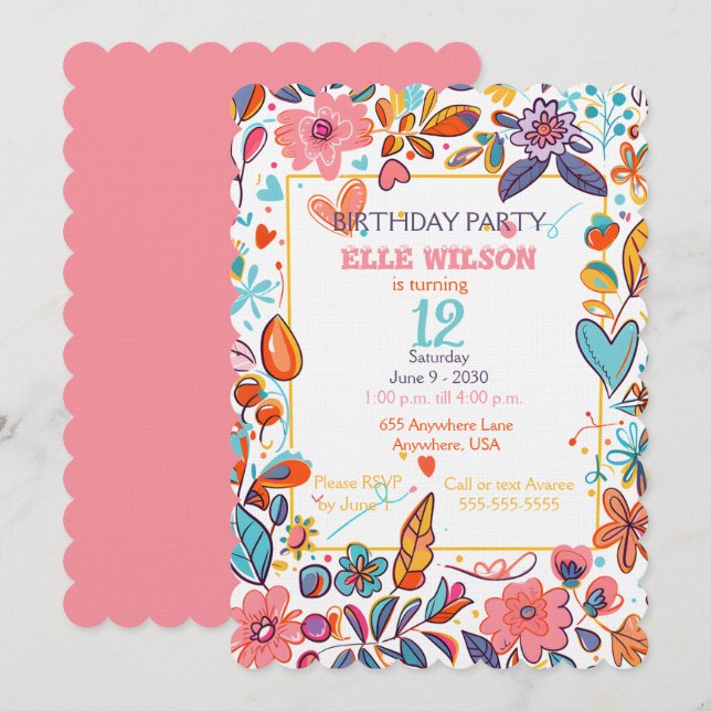 Girls Floral Frame 12th Birthday Party Invitation (Front/Back)