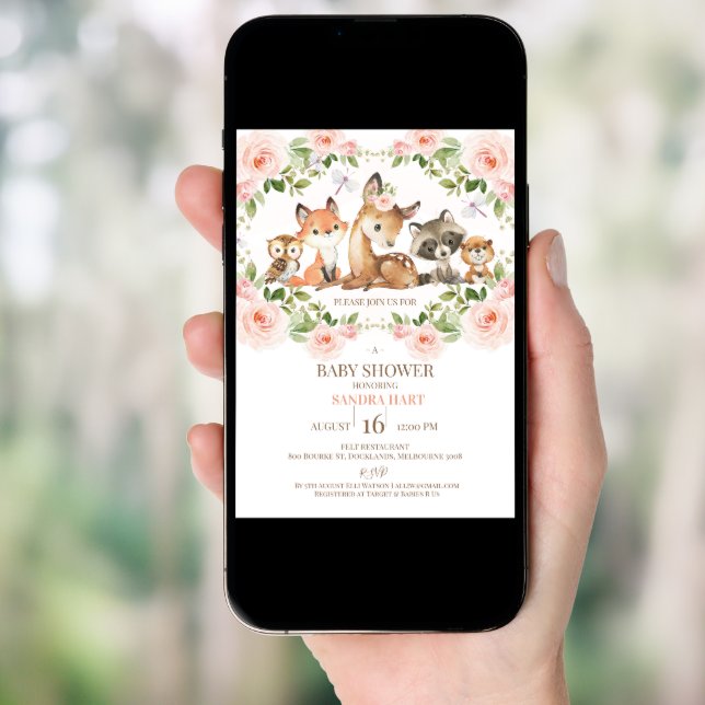 Girls Floral Frame Woodland Baby Shower Invitation (Front Digital)