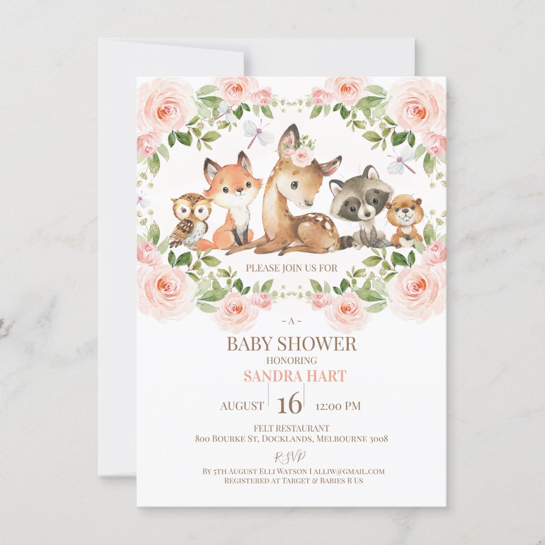 Girls Floral Frame Woodland Baby Shower Invitation | Zazzle