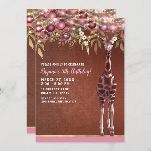 Girls Floral Giraffe Pink  Gold Birthday Party Invitation