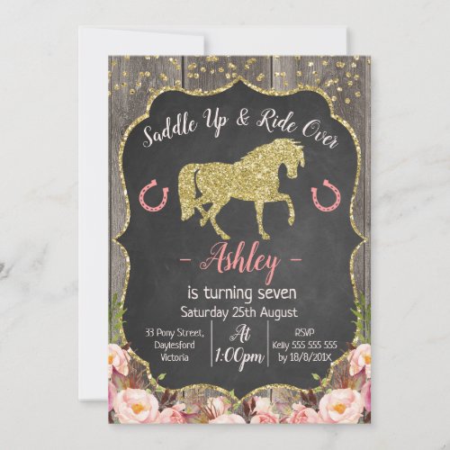 Girls Floral Glitter Horse Birthday Invitation