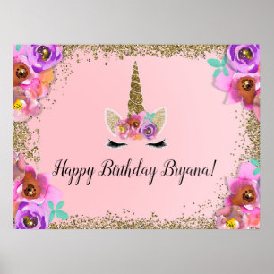 Girls Floral Gold Glitter Unicorn Birthday Banner Poster