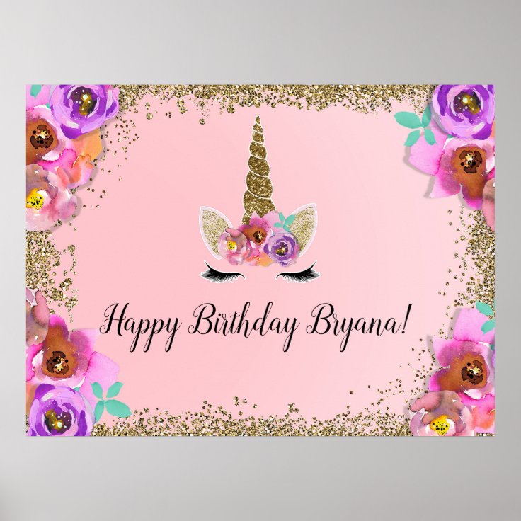 Girls Floral Gold Glitter Unicorn Birthday Banner Poster Zazzle
