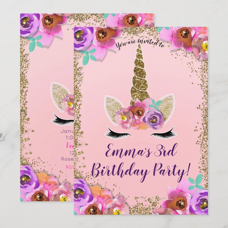 Girls Floral & Gold Glitter Unicorn Birthday Party Invitation Zazzle