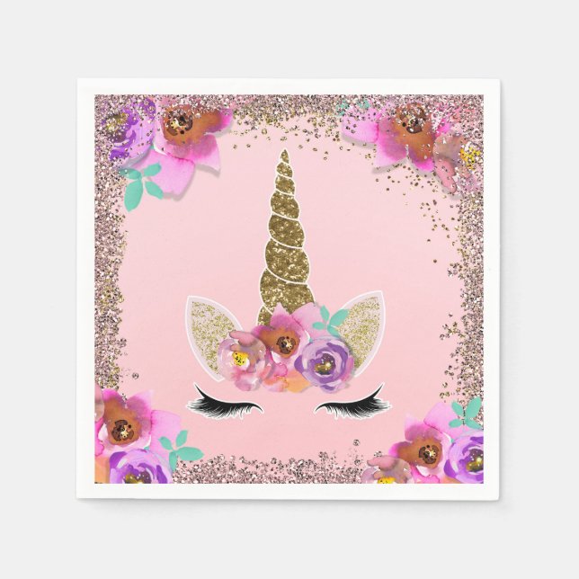 Girls Floral & Gold Glitter Unicorn Birthday Party Paper Napkins (Front)