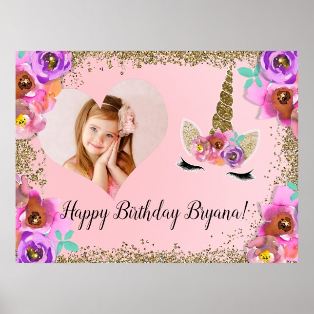 Girls Floral Gold Glitter Unicorn PHOTO Banner Poster (Front)