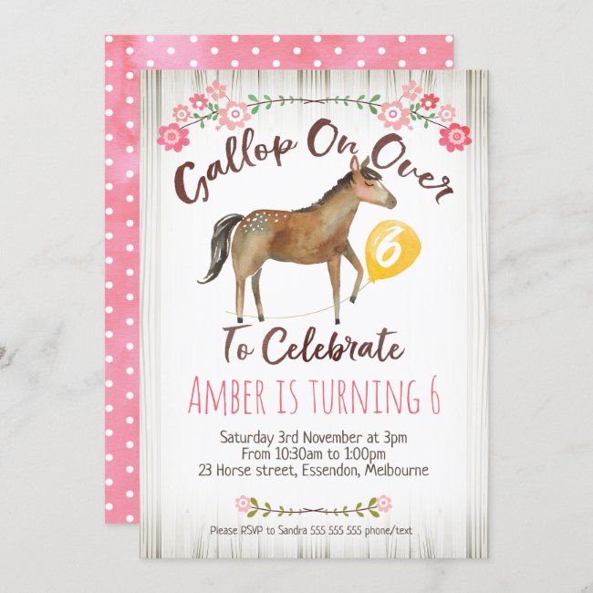Girls Floral Horse Birthday Party Invitation