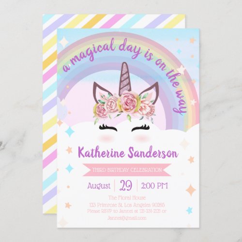 Girls Floral Magical Unicorn Face Rainbow Birthday Invitation