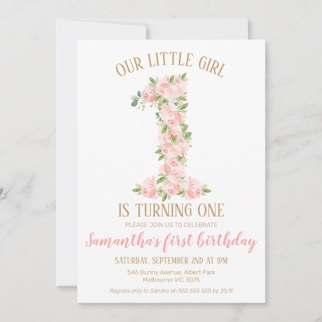 Girls Floral Number 1st Birthday Invitation (Front)