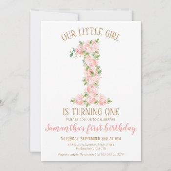 Girls Floral Number 1st Birthday Invitation by Sugar_Puff_Kids at Zazzle