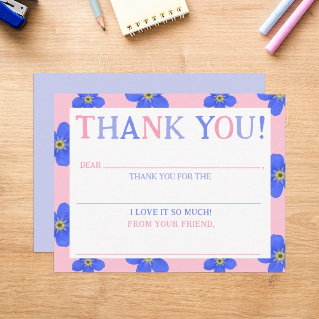 Girls Floral Pink Fill-In Thank You Note Card (Creator Uploaded)