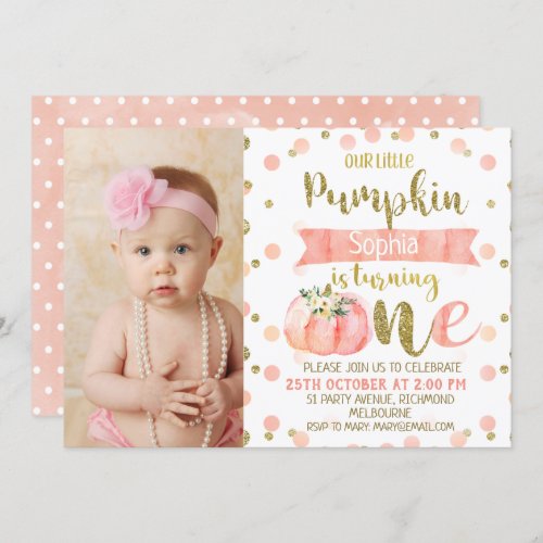 Girls Floral Pink Pumpkin 1st Birthday Invitation