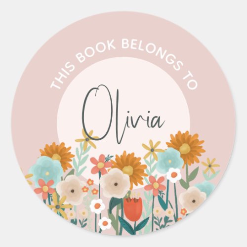 Girls Floral Pink This Book Belongs Flowers Classic Round Sticker