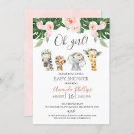 Girls Floral Safari Animals Baby Shower Invitation