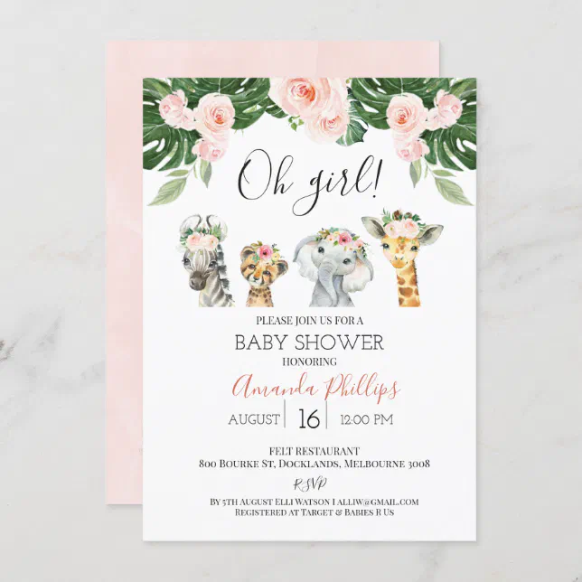 Girls Floral Safari Animals Baby Shower Invitation | Zazzle