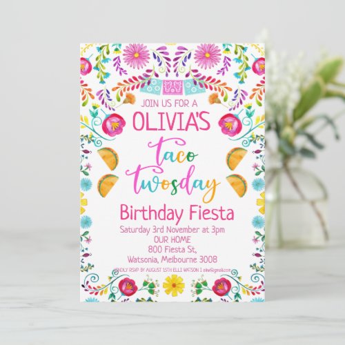 Girls Floral Taco Twosday Mexican 2nd Birthday Invitation