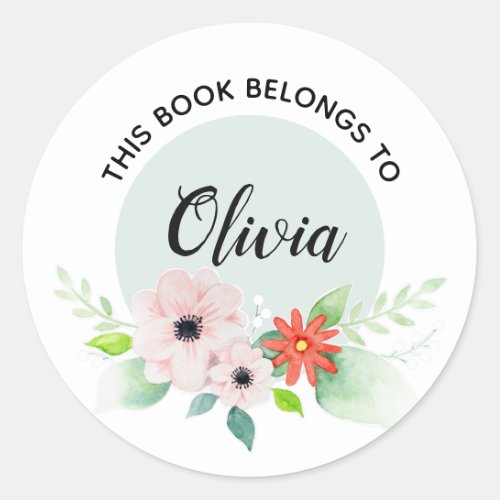 Girls Floral This Book Belongs Flowers and Name Classic Round Sticker