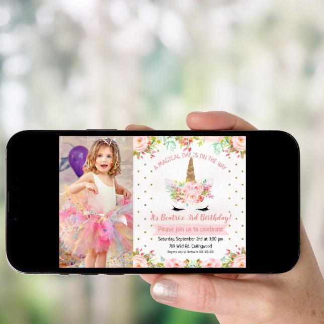 Girls Floral Unicorn Birthday Invitation (Front Digital)