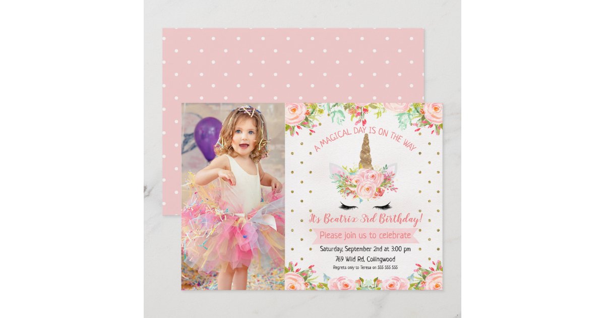 Girls Floral Unicorn Birthday Invitation | Zazzle