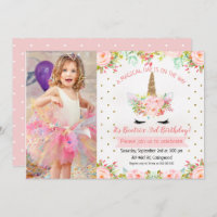 Girls Floral Unicorn Birthday Invitation