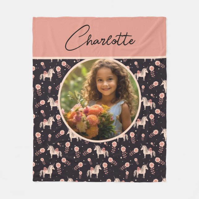 Girls Floral Unicorn Custom Photo with Name Fleece Blanket (Front)