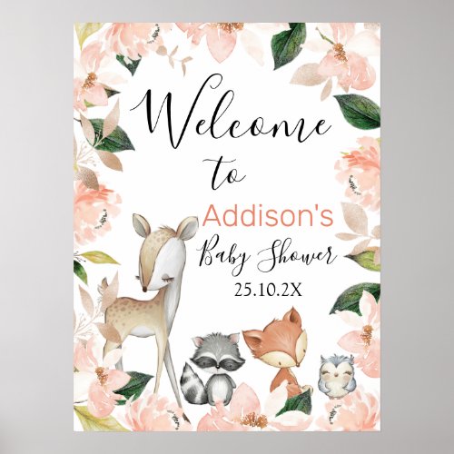 Girls Floral Woodland Baby Shower Welcome Sign