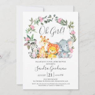 Girls Floral Wreath Safari Animals Baby Shower Invitation