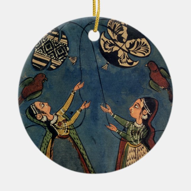 Girls flying kites, Kulu folk painting, Himachal P Ceramic Ornament (Front)